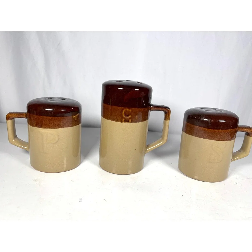 Vintage Ceramic Salt Pepper Cheese Shaker Set Brown Tan Drip Glaze Japan